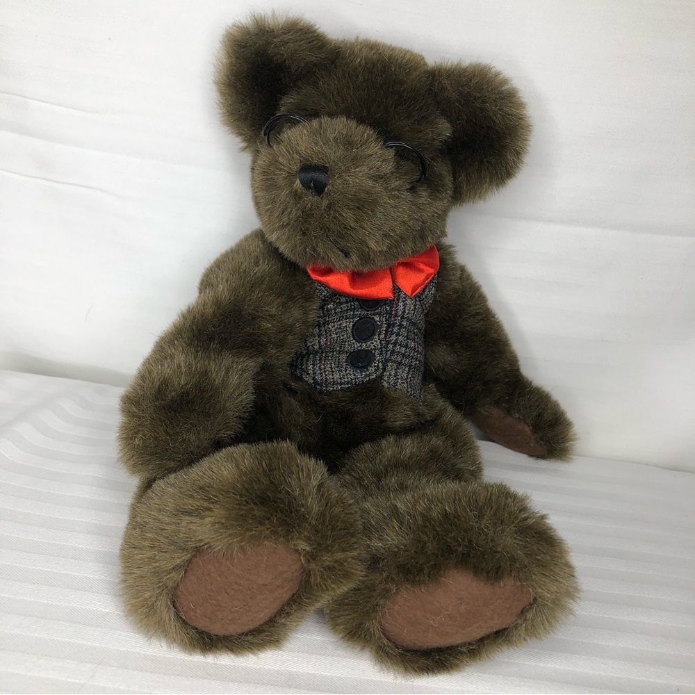 Hallmark Card furry bear with fur , glasses and vest approximately 13 in